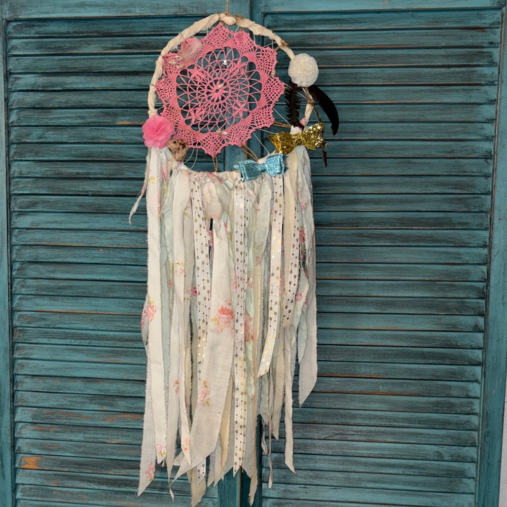 Handmade Pink Crochet & Cream Fabric Dreamcatcher Wall Hanging